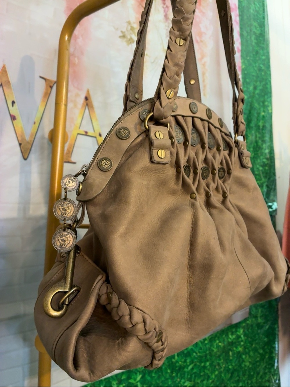 Vintage Cole Haan G series Leather Braided Handle Shoulder Bag in Taupe